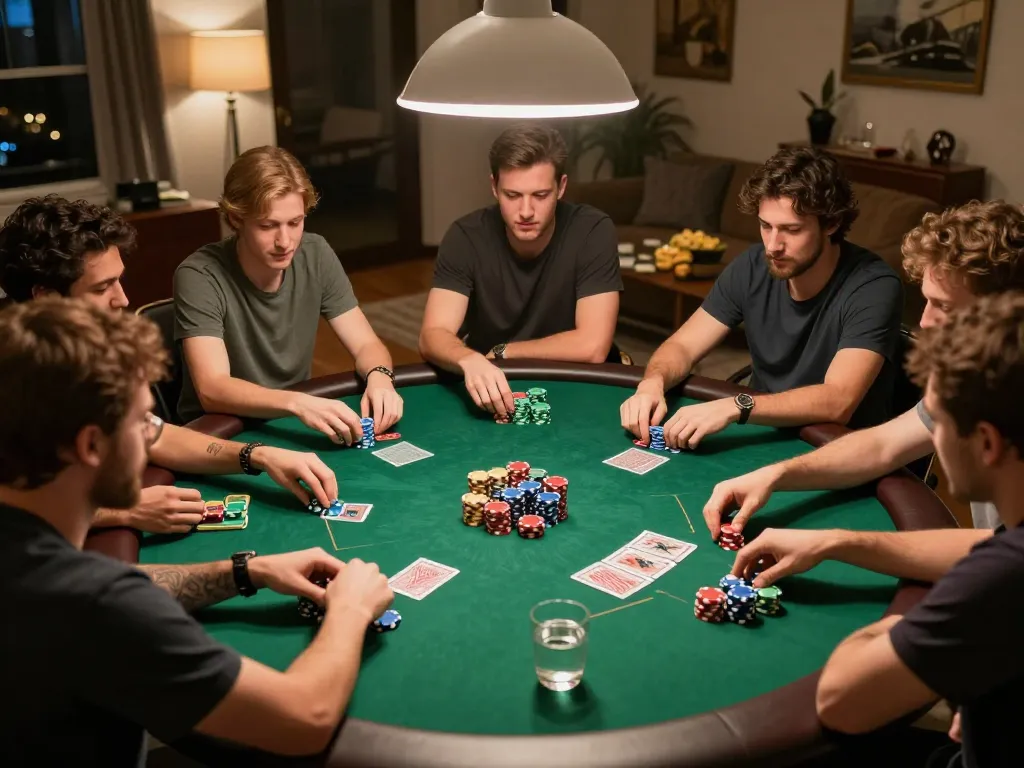 Friends playing poker at home during an exciting game night with MM 88 stakes.