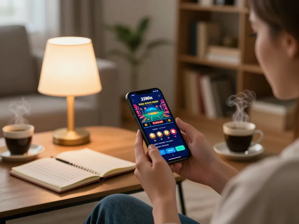 Engaging gameplay on 33win app, featuring a player strategizing in a cozy home setting.