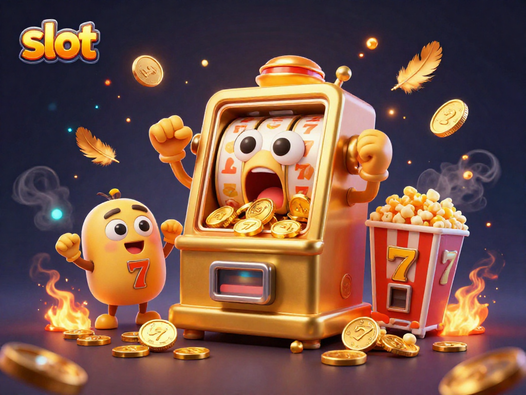 Slot menghadirkan jackpot dengan mesin slot berwarna emas yang terkejut saat koin berjatuhan.