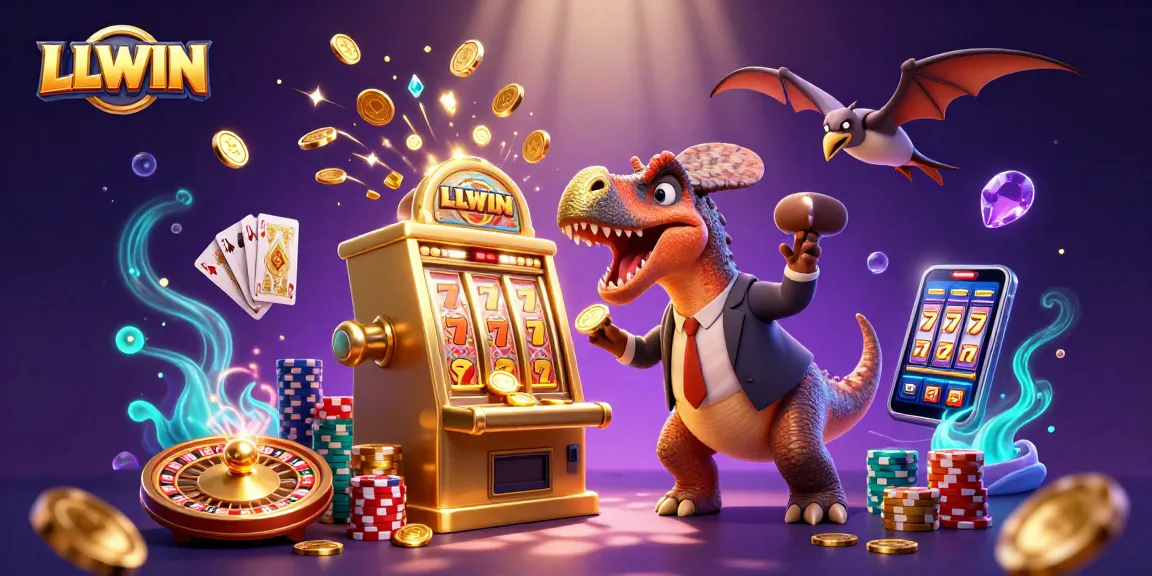 LLWIN showcases a vibrant scene of a cartoon dinosaur interacting with a slot machine amid cascading coins in a dynamic casino setting.