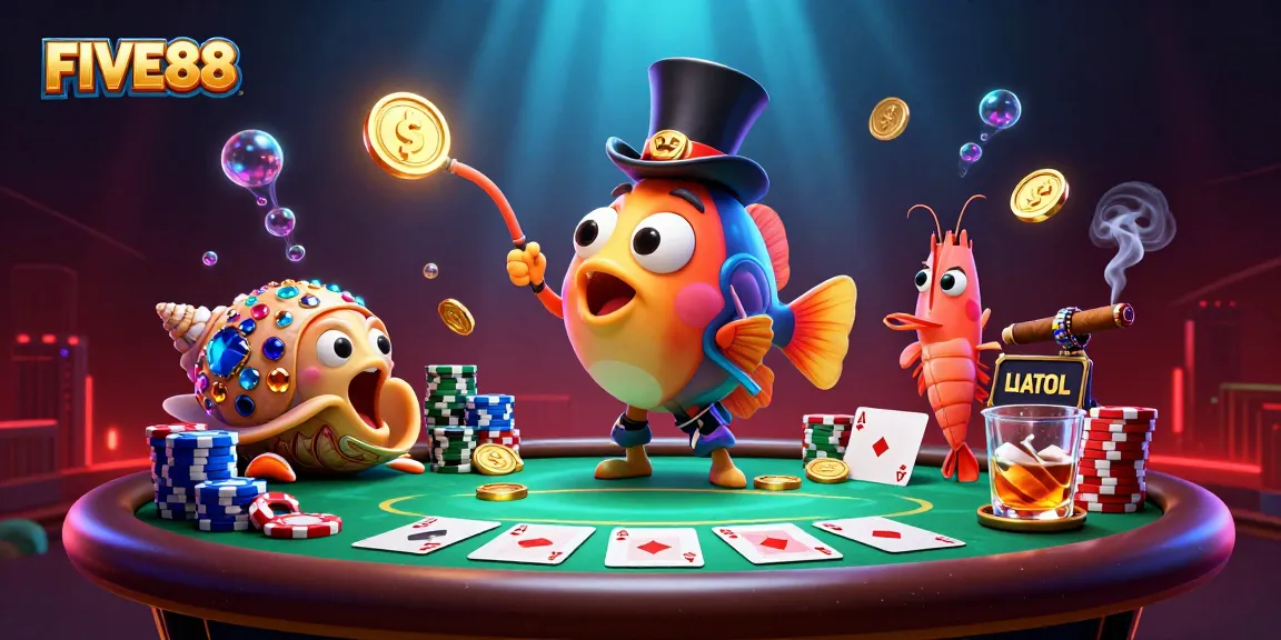 Engage in vibrant poker action with FIVE88's animated casino scene featuring thrilling gameplay elements.