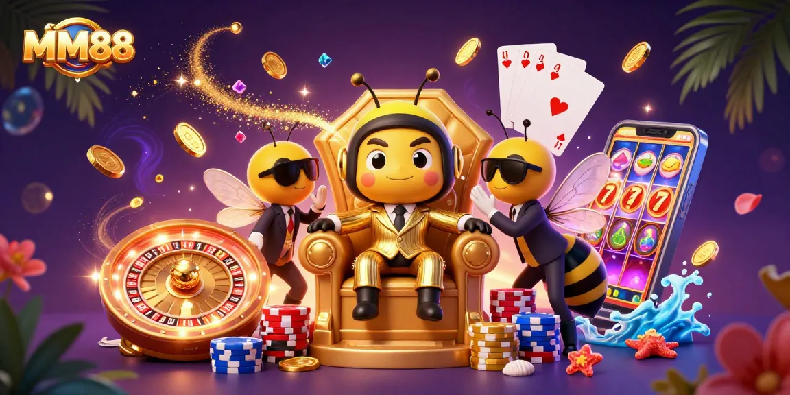 Experience MM88's vibrant casino world with 3D characters playing games amid cascading golden coins and sparkling gems