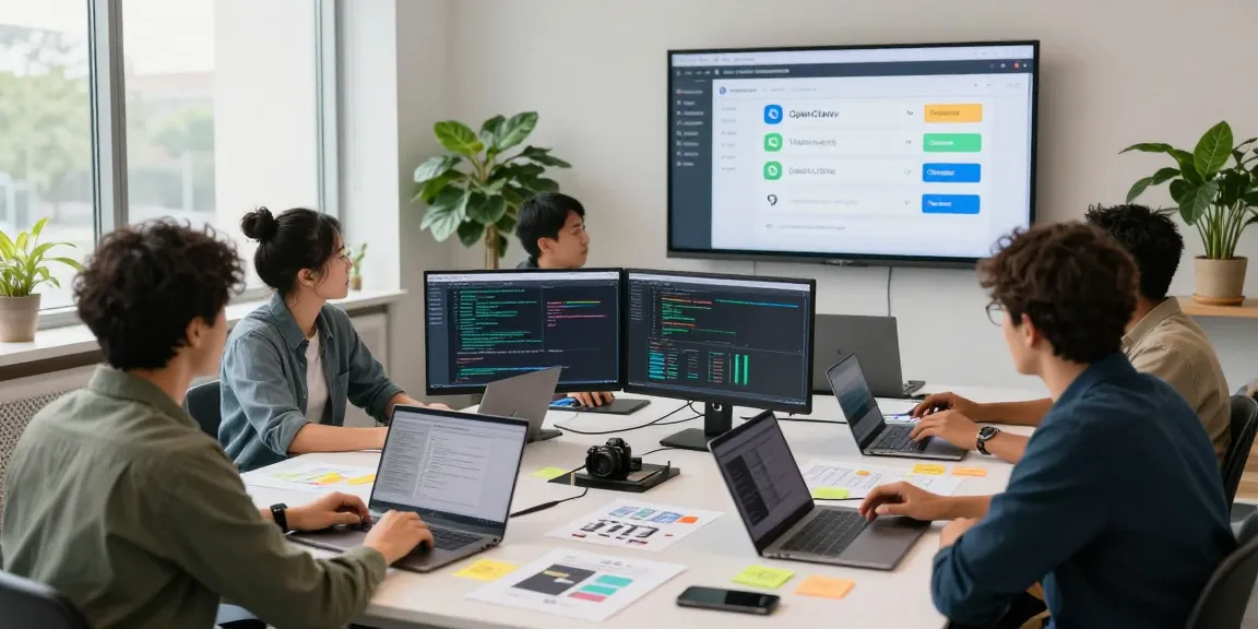 OpenClaw development team collaborating on AI projects, showcasing vibrant workspace.