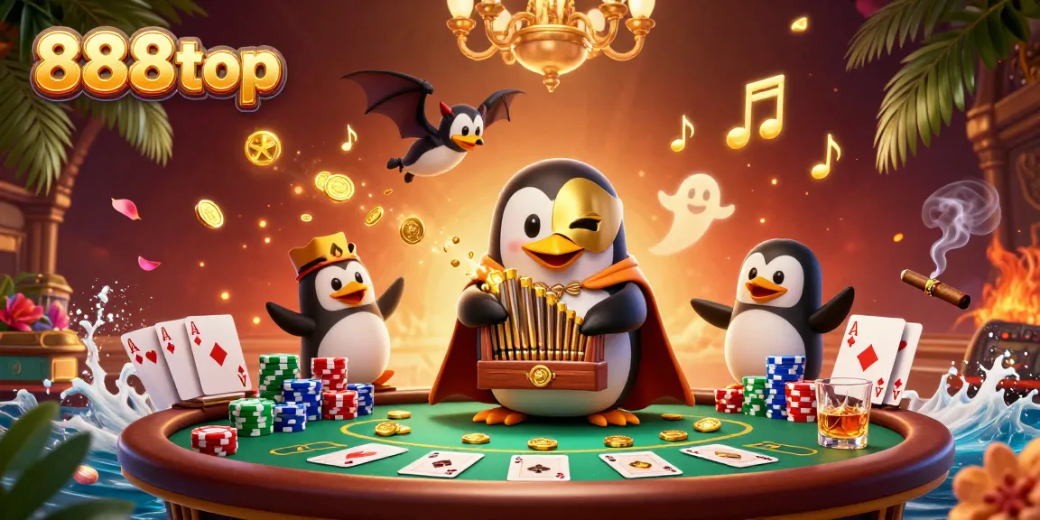 Engage with 888top's immersive casino atmosphere featuring a penguin playing an organ amidst poker elements.