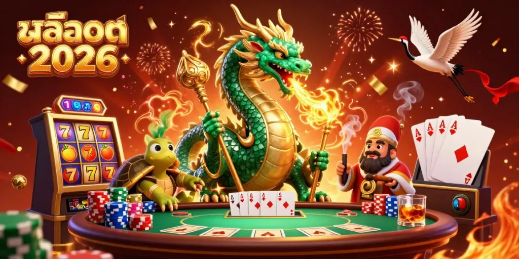 Experience the excitement of สล็อต 2026 with a vibrant scene of a jade dragon and lucky cranes amidst casino visuals.