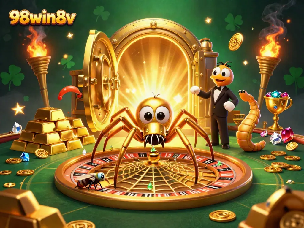 Experience thrilling bets at the vibrant 98win8v casino, highlighted by a golden roulette web.
