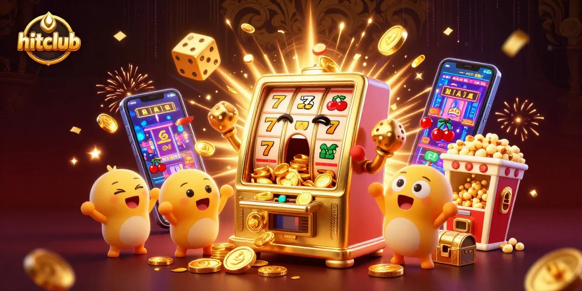 Experience the excitement of hitclub with a golden slot machine in a jackpot frenzy, surrounded by coins and celebration.