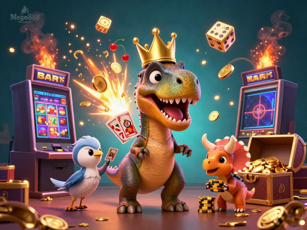 Experience Mega888 Malaysia with a vibrant 3D casino scene featuring a T-Rex shuffling cards, and characters enjoying a jackpot.