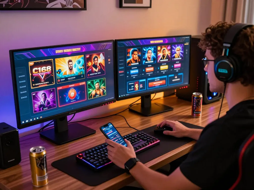 C168 gamer engaging in online betting with vibrant desktop setup.