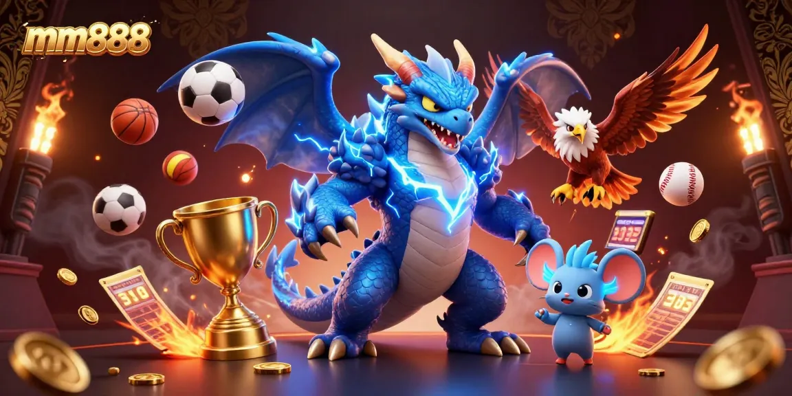 Win exciting jackpots with mm888's dynamic casino illustration featuring vibrant characters and sports elements.