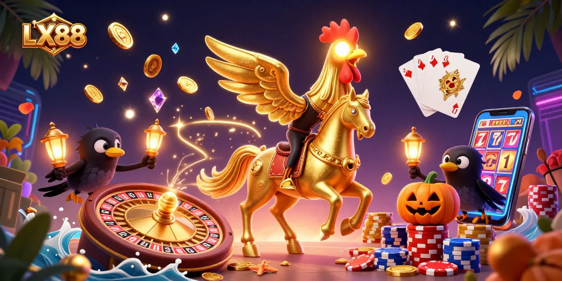Experience the vibrant LX88 casino scene with a golden rooster and glowing elements in action.