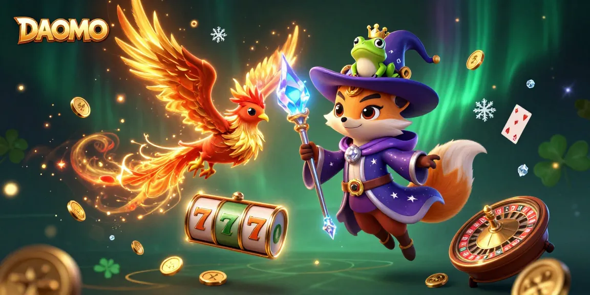 Engage with DAOMO's vibrant casino adventure featuring the wizard fox and phoenix in a dynamic gaming scene.