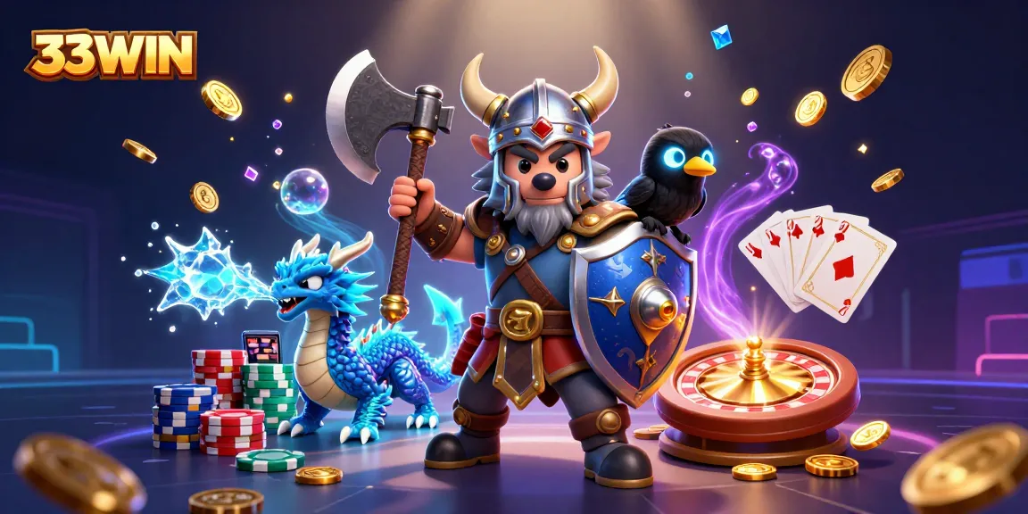 Engage in thrilling gaming at 33WIN, featuring vibrant casino elements and animated characters.