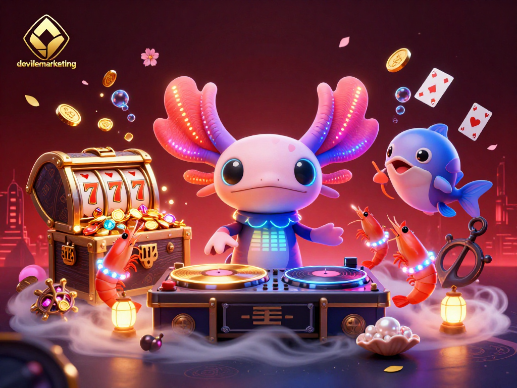 Menggandakan kesenangan di devillemarketing dengan ilustrasi kreatif dari DJ axolotl neon dan teman-teman meriahnya.