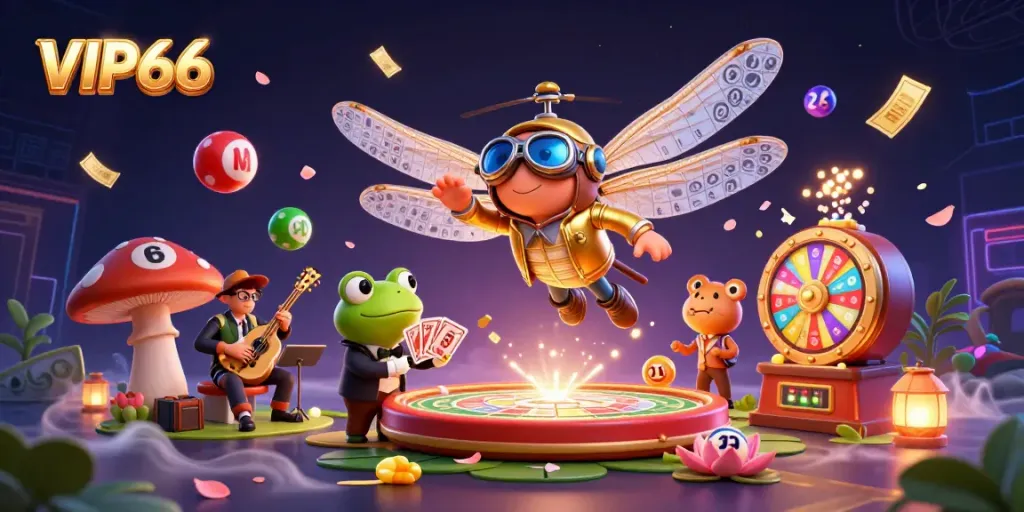 VIP66 showcases a colorful scene of a dragonfly pilot and frog croupier in a vibrant casino setting.