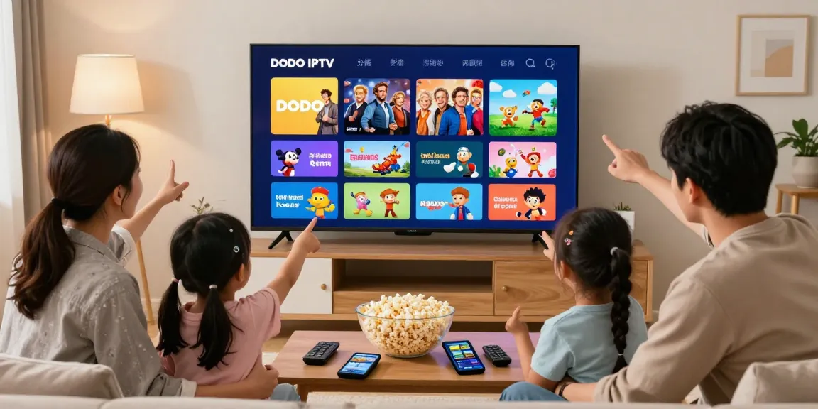 Family enjoying DODO IPTV subscription in cozy living room with vibrant streaming content.