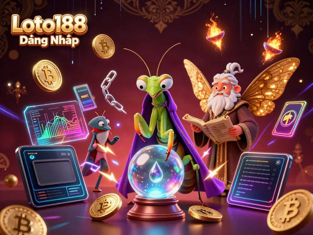 Loto188 Đăng Nhập featuring engaging characters and glowing cryptocurrency, illustrating a vibrant online casino scene.