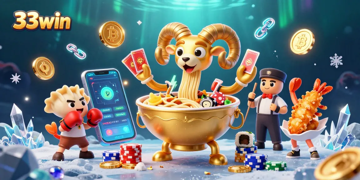 Engage in thrilling casino action with 33win's vibrant digital illustration featuring a golden ramen bowl dealer and crypto elements.
