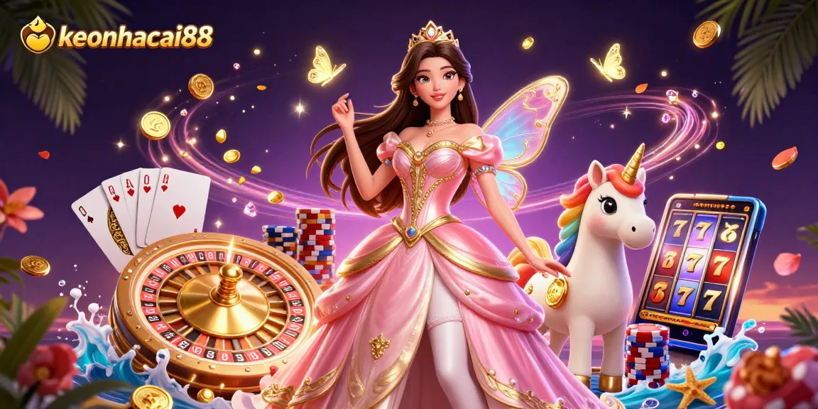 Experience thrilling bets at keonhacai88 with enchanting visuals of gaming elements and characters.