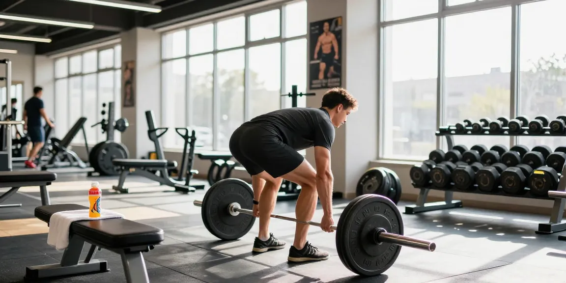 Sportler hebt Gewichte im Steroidshop-Fitnessstudio und zeigt Entschlossenheit sowie moderne Fitnessausrüstung.