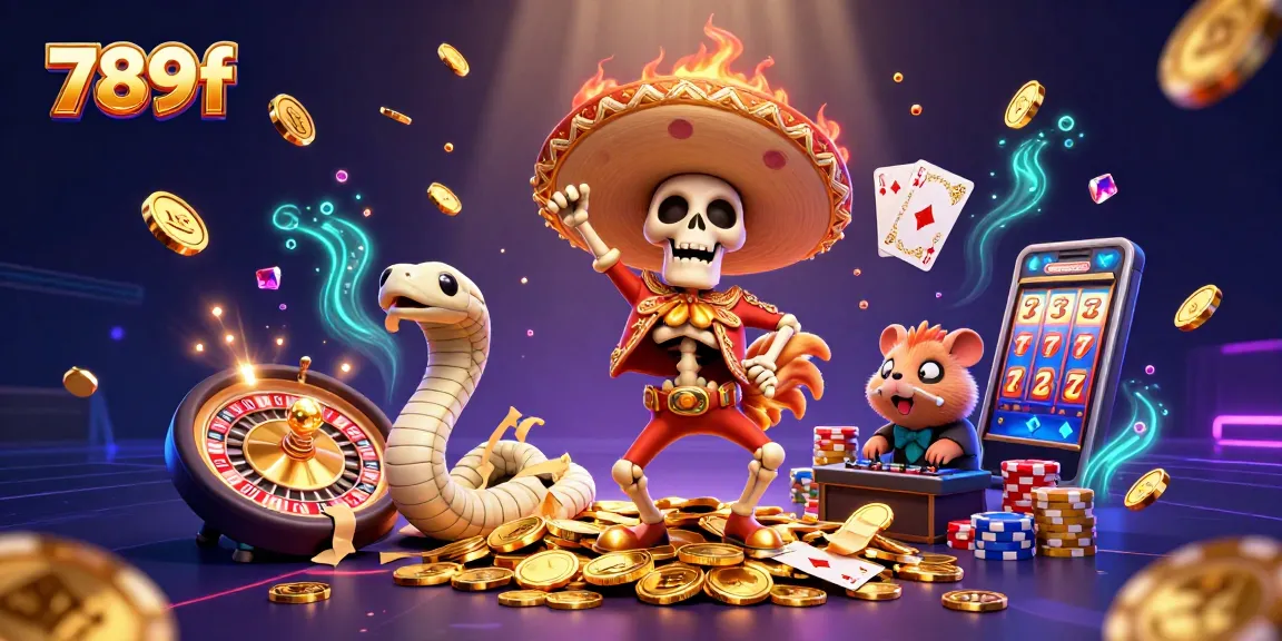 Engage with 789f's thrilling casino world showcasing vibrant characters amid cascading coins and games.
