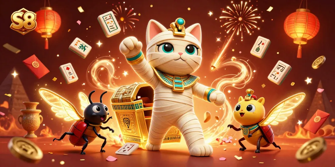 S8 Casino escapade: Egyptian mummy cat and scarab beetle unleash winning strategies in a magical pyramid.