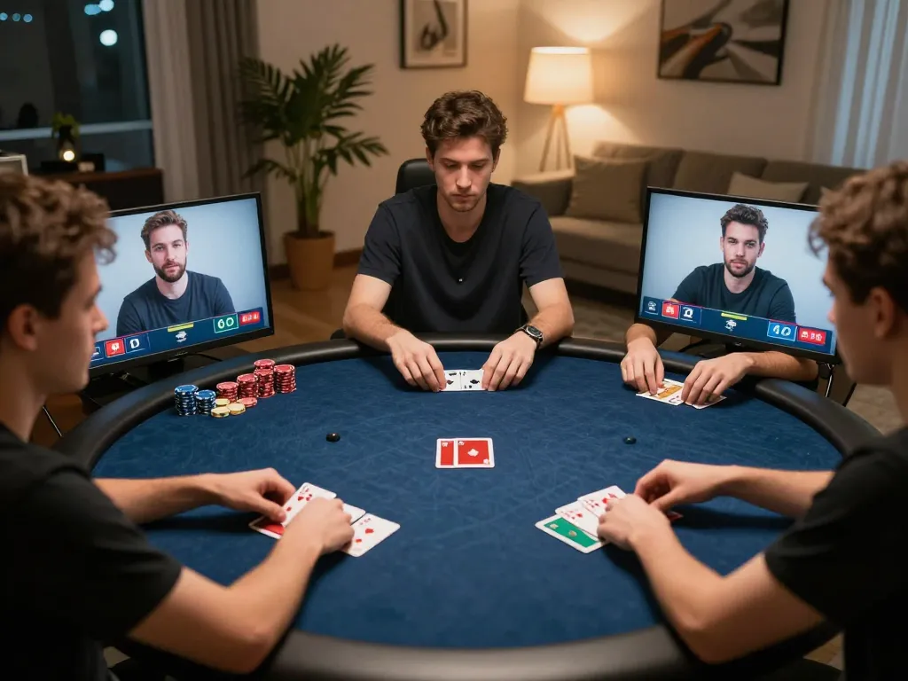 Players engaged in online poker on DH88, highlighting strategic gameplay in a comfortable home setting.