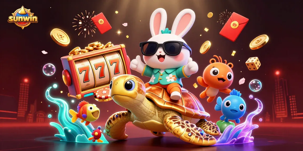 Spin for big wins at sunwin with the lucky rabbit and golden turtle in a vibrant casino scene!