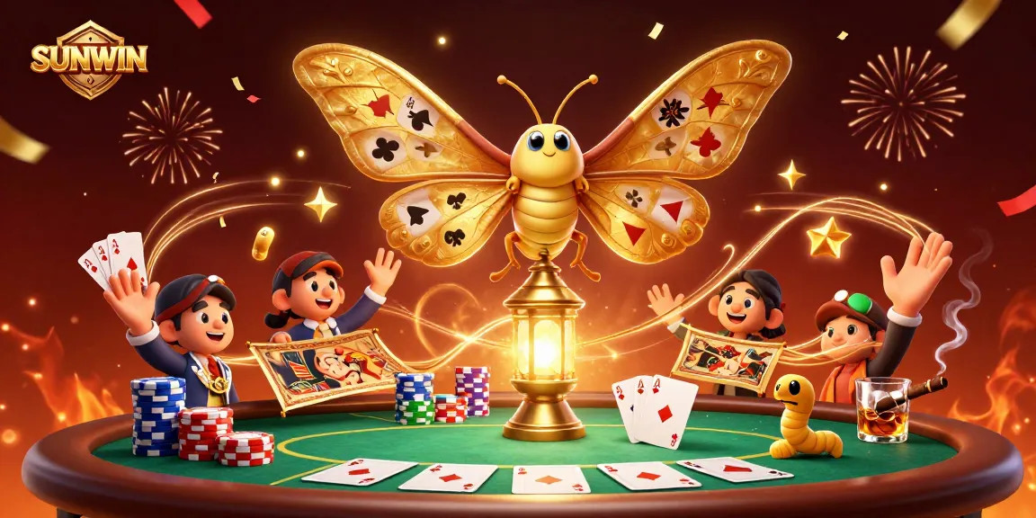SUNWIN offers thrilling casino gameplay, showcasing 3D vibrant moth and poker elements in an exciting illustration.