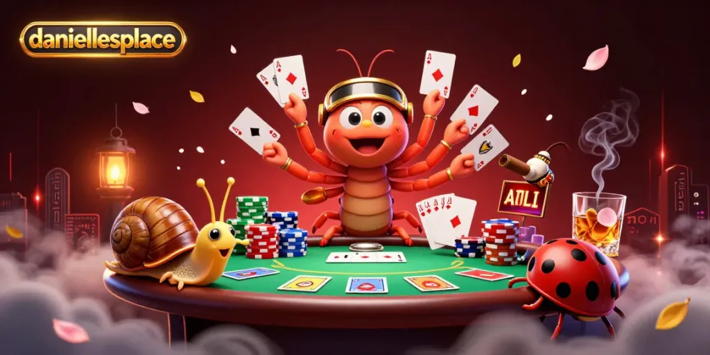 Daniellesplace dealer showcases an extravagant poker game with a dynamic cartoon scene of characters and vibrant casino elements.