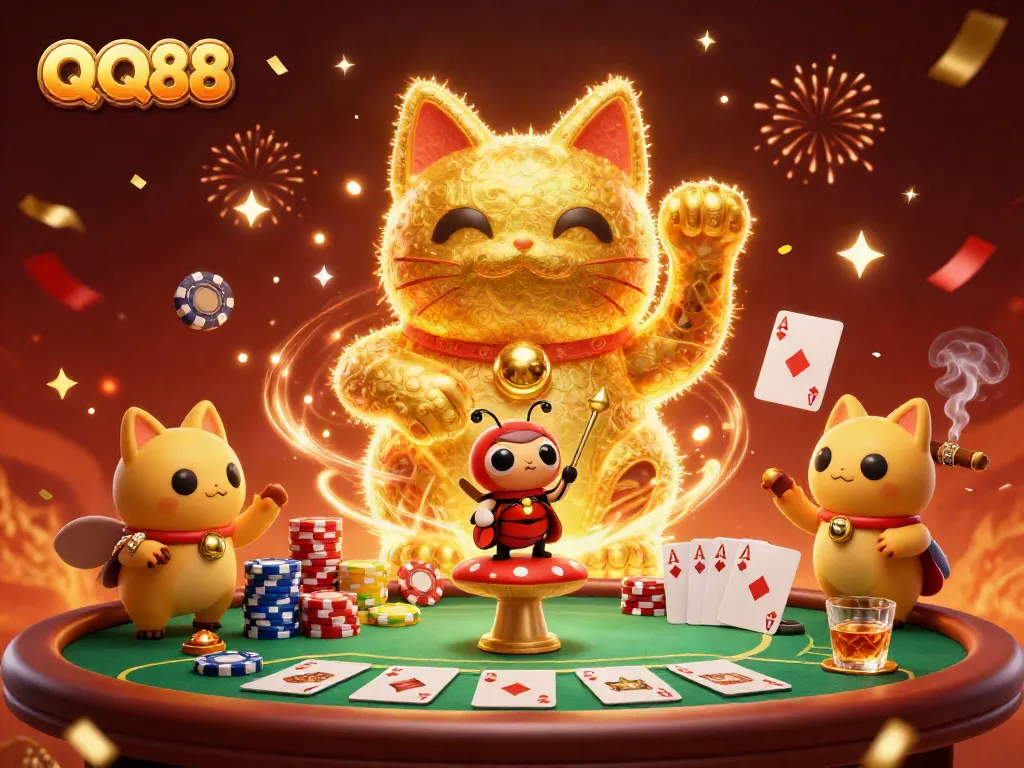 Experience casino excitement with QQ88's lively lucky cat and colorful poker elements.