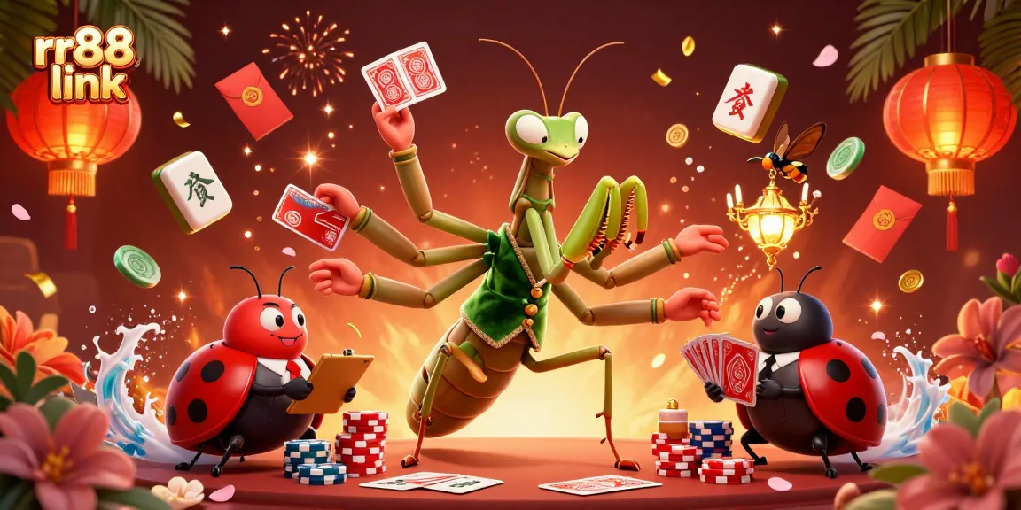Engage with the rr88 link in a lively online casino scene featuring a giant mantis card sharp and a ladybug pit boss.