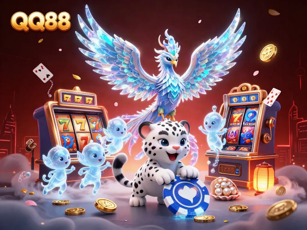 Engage in thrilling 3D slots excitement with QQ88, featuring a phoenix, snow leopard, and magical sprites.