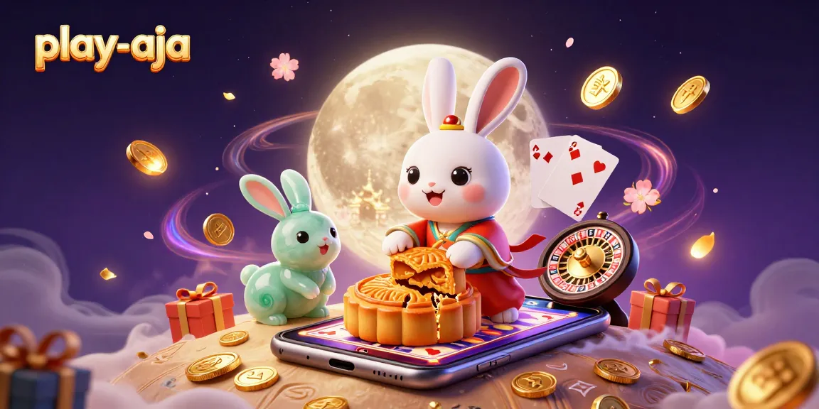 Engage with play-aja as a moon rabbit reveals poker chips from mooncakes amidst vibrant casino elements.