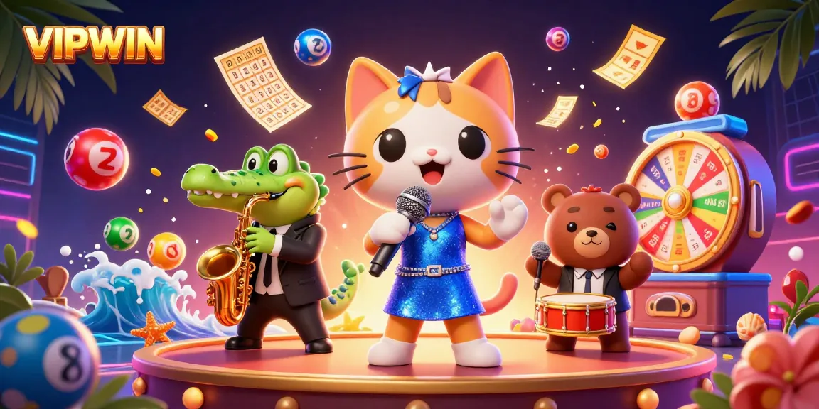 Experience the excitement of VIPWIN with a vibrant 3D casino scene featuring lively characters and dynamic elements.