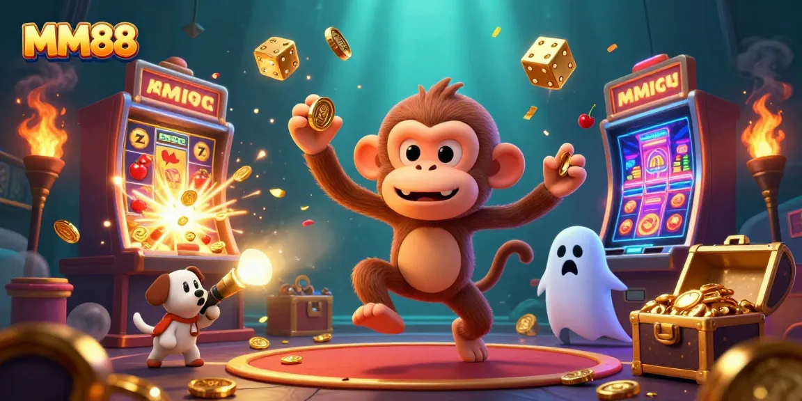 Experience the thrill of MM88 at a haunted casino with a playful poltergeist monkey and intrigued ghost-hunter puppy.