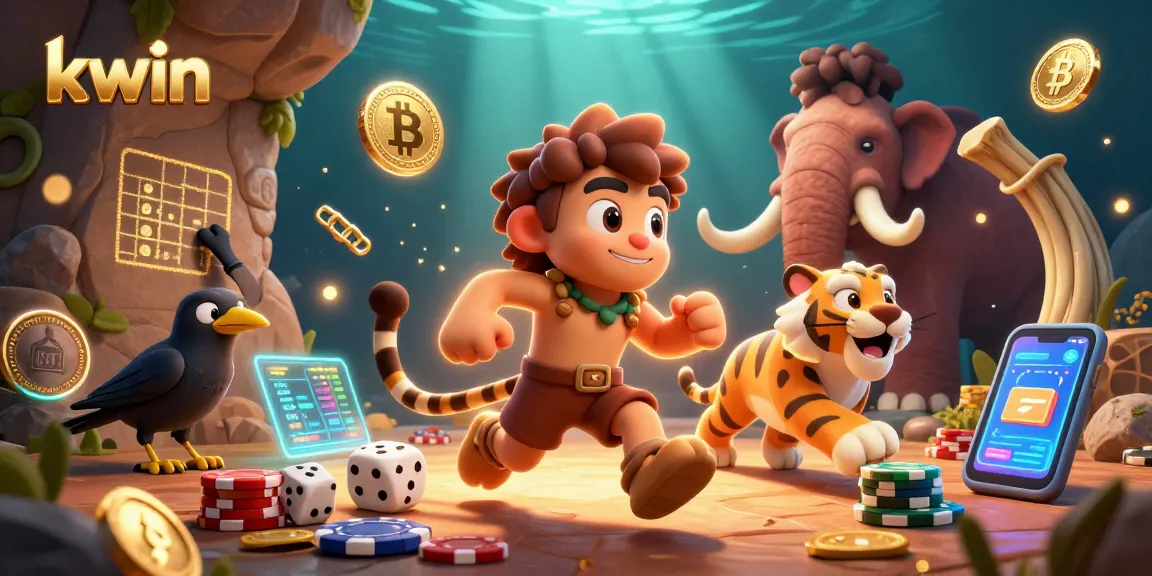 Experience exciting gambling at kwin with our cartoon casino scene featuring playful characters and neon crypto coins.