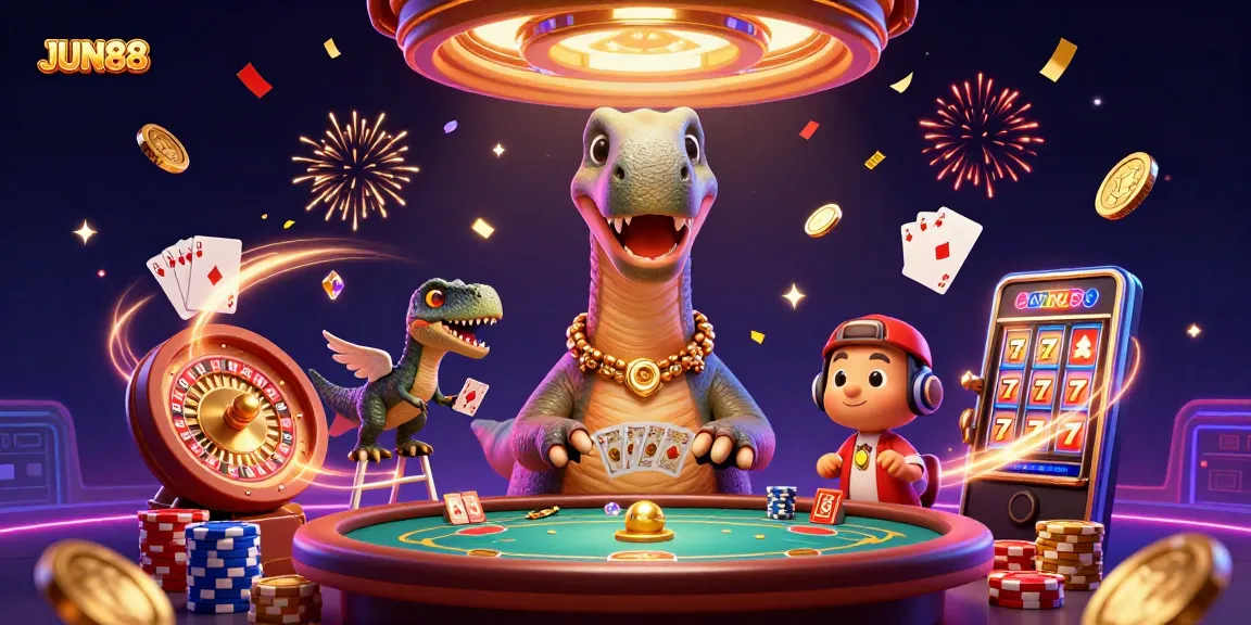Experience the thrill of JUN88 with vibrant casino characters and gaming action in this dynamic illustration.