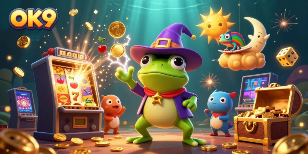 Win big at OK9 casino with vibrant characters and jackpots in dynamic 3D illustration.