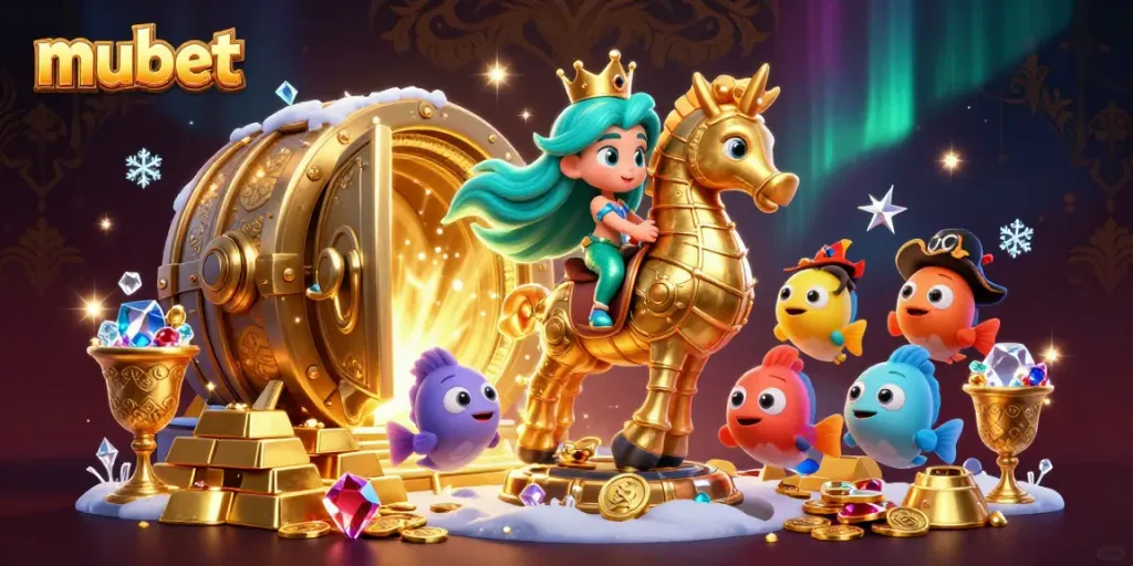 Engage in mubet's vibrant world with a mermaid princess and seahorse amidst treasures.