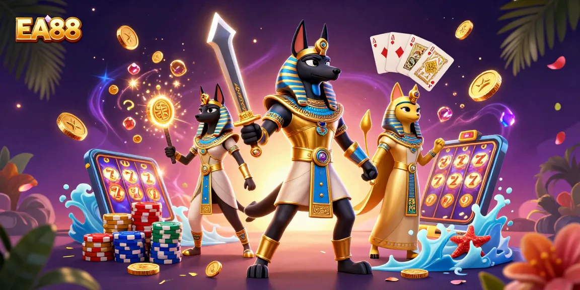 Experience thrilling adventures with EA88, featuring Anubis and Bastet in a dynamic casino scene.