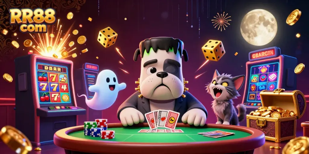 Engaging cartoon scene featuring RR88 com with a Frankenstein bulldog dealer, ghost mouse, and werewolf kitten in a casino setting.