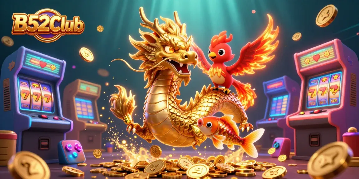 B52Club showcases a vibrant underwater scene with a golden dragon, red phoenix, and koi fish among slot game elements.