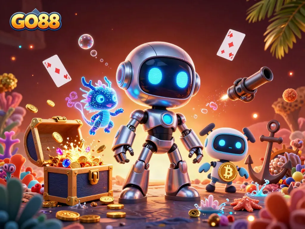 Experience GO88's vibrant casino adventure with a cyberpunk robot amid treasures and gaming elements.