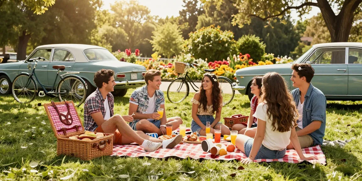 Experience rokok88 at a vibrant vintage park gathering with friends enjoying snacks and classic cars.