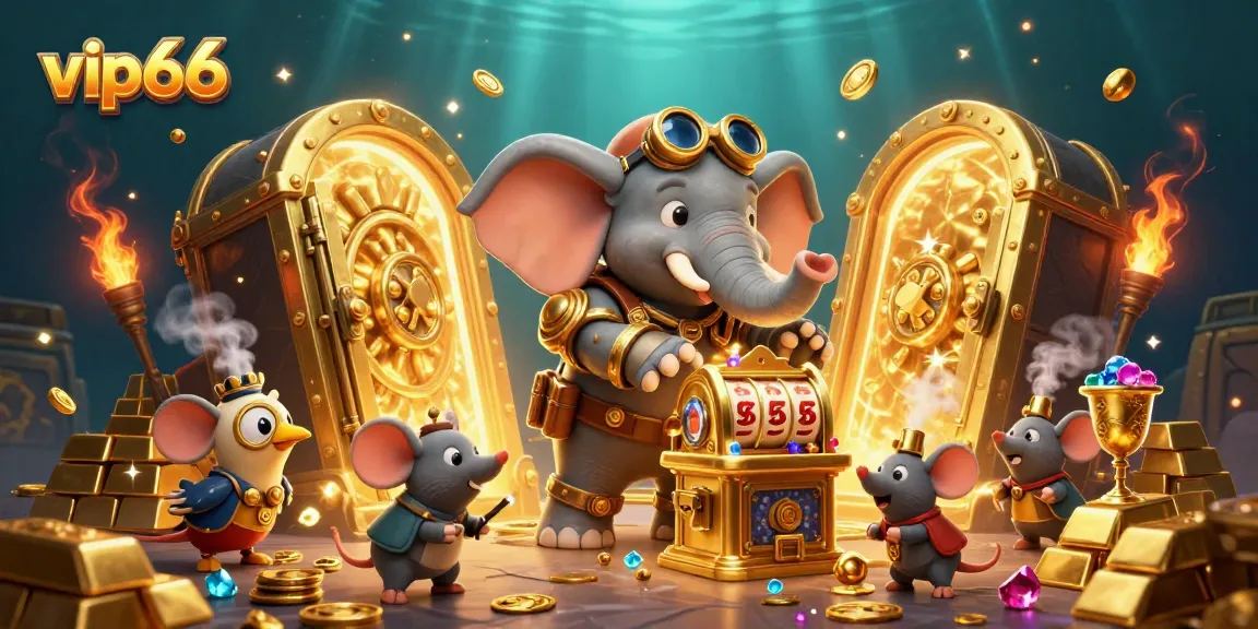 Engage with vip66 at this vibrant casino scene featuring a steampunk elephant and golden treasures.