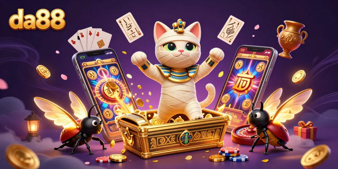 Engage in exciting gameplay at da88 with an animated scene of a mummy cat emerging from treasure.