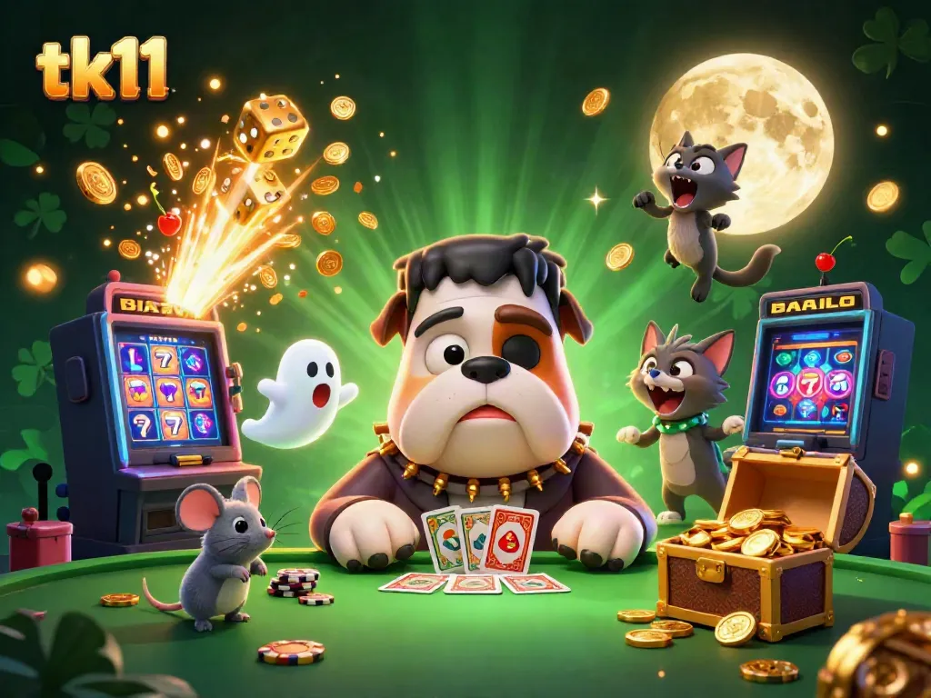 Engaging tk11 casino scene with a Frankenstein bulldog dealing cards and a jackpot explosion of slots.