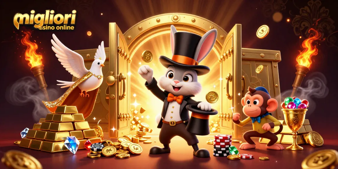 Vivete la magia nei migliori casino online con una scena fantasiosa di un coniglio mago, una colomba e una scimmia in un'atmosfera casinò piena di tesori.
