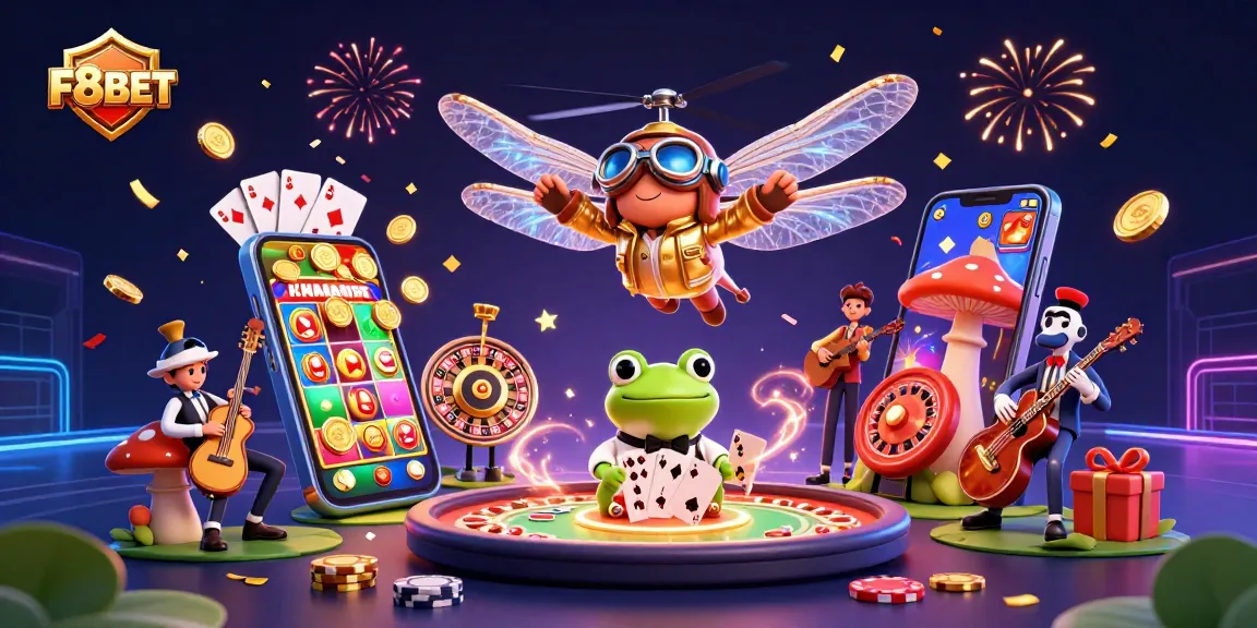 Experience vibrant action with F8BET as a dragonfly pilot hovers over a lily pad casino scene.